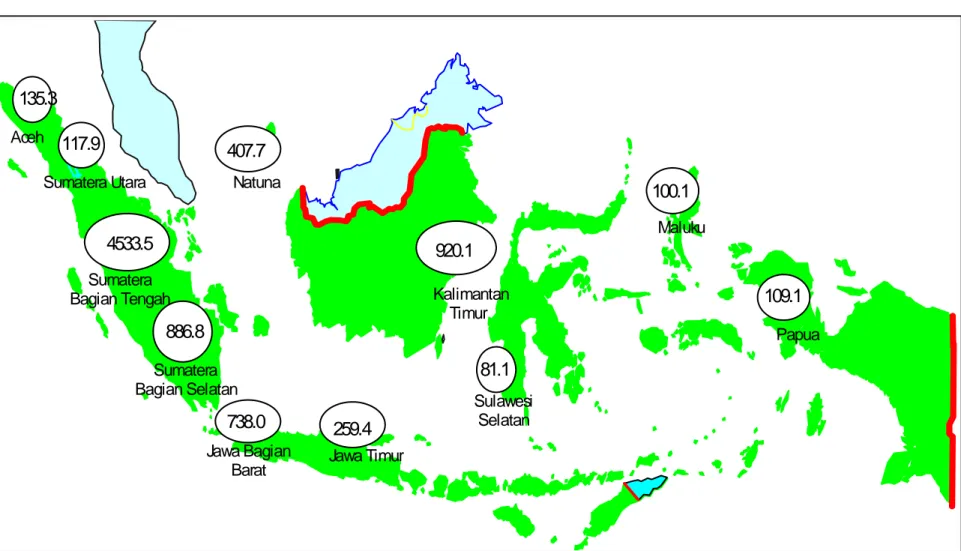 Gambar 1. : Potensi minyak bumi sebagai bahan baku  Aceh Sumatera Utara Jawa Timur KalimantanTimurNatunaSumateraBagian TengahSumateraBagian SelatanJawa Bagian Barat Maluku PapuaSulawesiSelatan135.3117.94533.5886.8407.7738.0259.4920.181.1100.1109.1