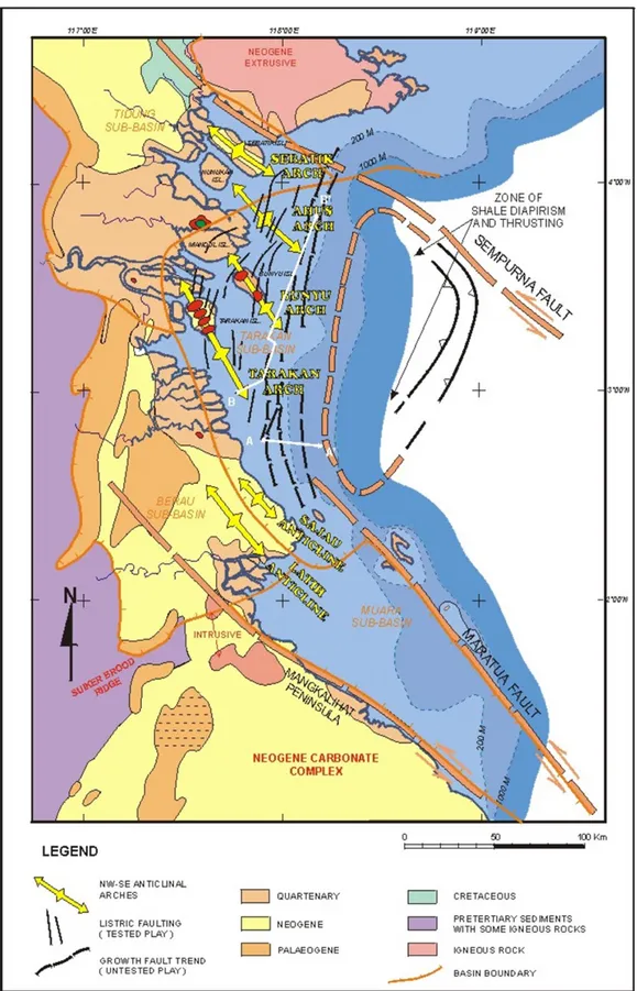 Gambar 2.2 Simplified Geologic Map  of The Tarakan Basin (Sumber: Pertamina- Pertamina-BEICIP,1992; Netherwood&amp;Wight,1993; Situmorang&amp;Buchan,1992) 