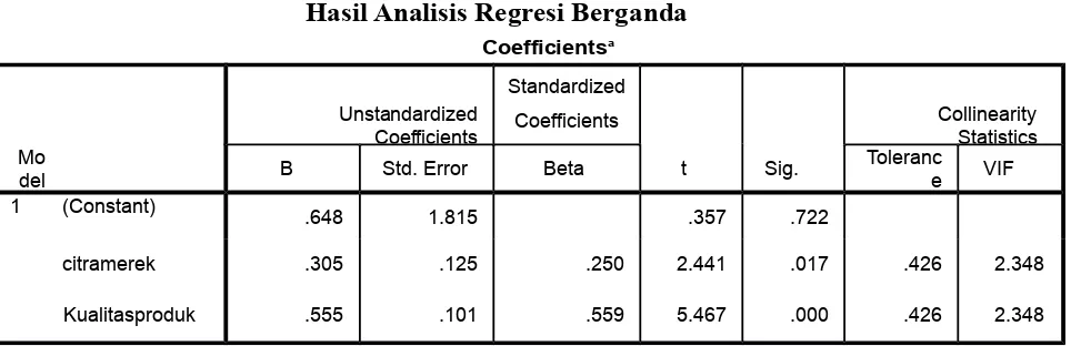 Tabel 4.16Hasil Analisis Regresi Berganda