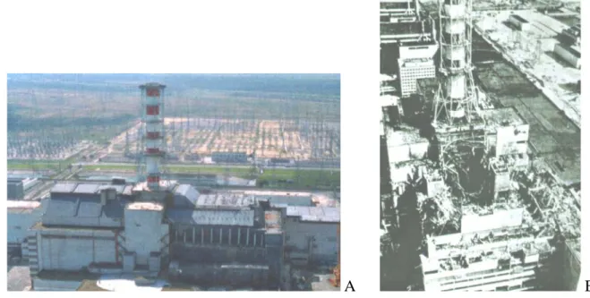 Gambar 1. Keadaan Reaktor daya nuklir Chernobyl sebelum (A) dan sesudah (B) terjadinya  kecelakaan nuklir pada tahun 1986