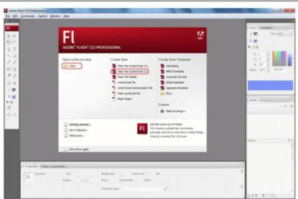 Gambar 1. Aplikasi Flash CS3 Professional Aplikasi   ini   mempunyai   fungsi   untuk membuatmovie, logo, banner, game, membuat navigasi pada web