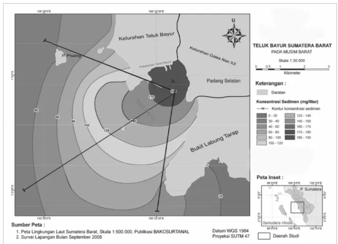 Gambar 6. Kontur pola transport sedimen tersuspensi (TSS) dengan simulasi pengerukan kolam pelabuhan  pada musim  barat 