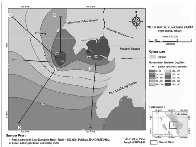 Gambar 8.  Kontur pola transport sedimen tersuspensi (TSS) dengan simulasi pengerukan kolam pelabuhan dan  penimbunan di Dumping Site pada musim timur 