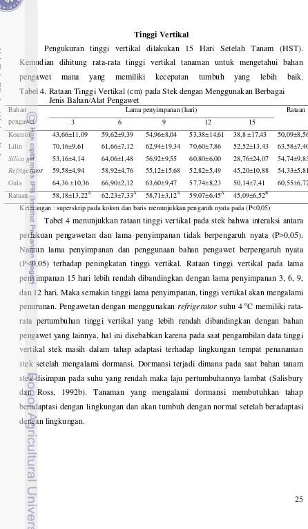 Tabel 4. Rataan Tinggi Vertikal (cm) pada Stek dengan Menggunakan Berbagai 