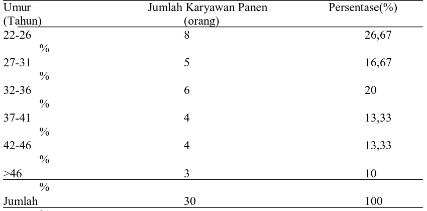 Tabel 7. Distribusi Sampel Karyawan Panen di Kebun Rambutan PTPN III  berdasarkan Umur Tahun (2009) Umur     Jumlah Karyawan Panen   Persentase(%) 