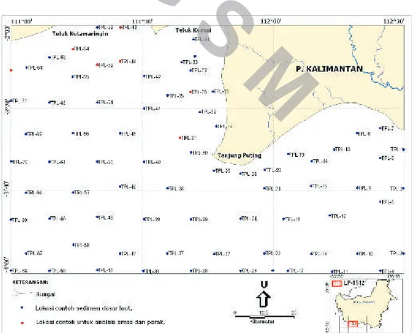 Gambar 1.  Peta lokasi penelitian dan percontohan sedimen dasar laut perairan Lembar Peta 1512, Teluk Kumai, Kalimantan Tengah.