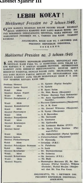 Gambar 2: Susunan Kabinet Sjahrir III dalam Surat Kabar Kedaulatan Rakjat, 2  Oktober 1946 