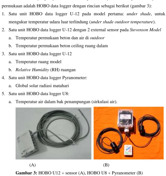 Gambar 3: HOBO U12 + sensor (A), HOBO U8 + Pyranometer (B) 