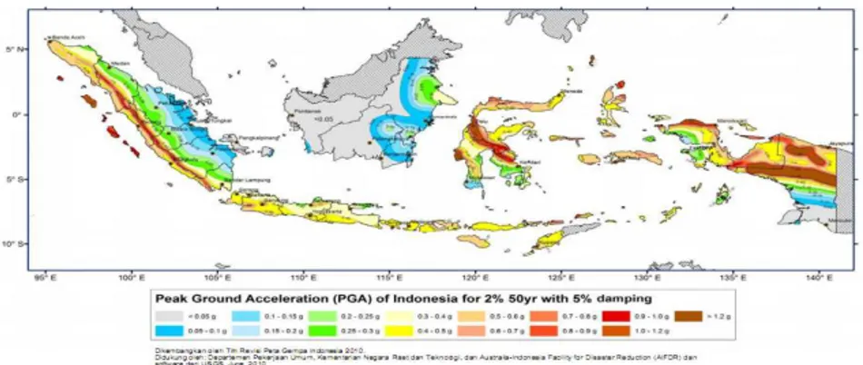 Gambar 2.2 Peta Hazard Gempa Indonesia Dibatuan Dasar pada  Kondisi PGA (T= 0 Detik) untuk 2% PE 50 Tahun 