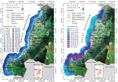 Gambar 4. Peta tematik kecepatan arus (a) dan salinitas (b) perairan pesisir Kabupaten Mamuju Provinsi Sulawesi Barat