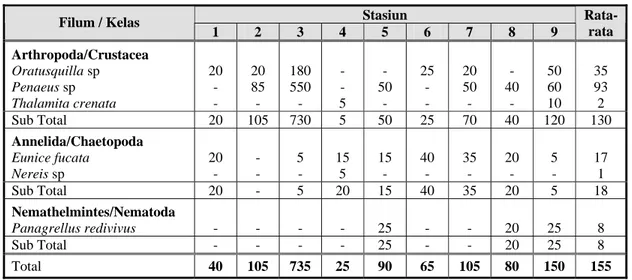 Tabel 1. Kelimpahan jenis makrozoobentos (ind/m 2 ) tiap stasiun di muara Sungai Maros