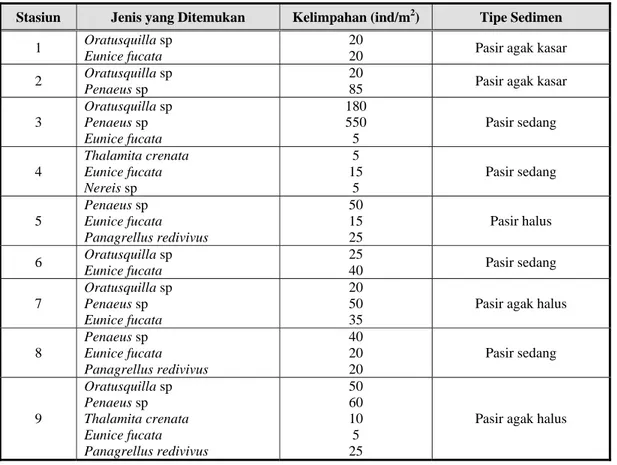 Tabel 3. Hubungan tipe sedimen dengan kelimpahan makrozoobentos tiap stasiun di muara Sungai Maros