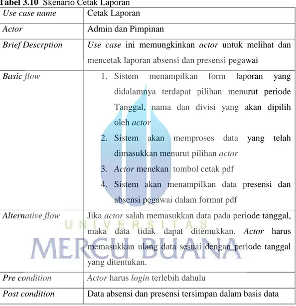 Tabel 3.10  Skenario Cetak Laporan  Use case name  Cetak Laporan 