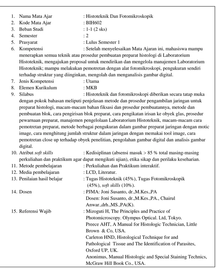 Tabel 5.43. Deskripsi Mata Ajar Histoteknik Dan Fotomikroskopi   Minat Studi Anatomi Histologi 