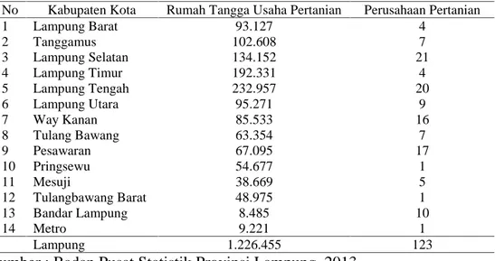 Tabel 2.  Jumlah rumah tangga usaha pertanian menurut Kabupaten/Kota dan pelaku usaha di Provinsi Lampung, 2013
