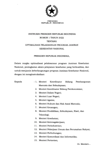 INSTRUKSI PRESIDEN REPUBLIK INDONESIA NOMOR 1 TAHUN 2022 TENTANG ...