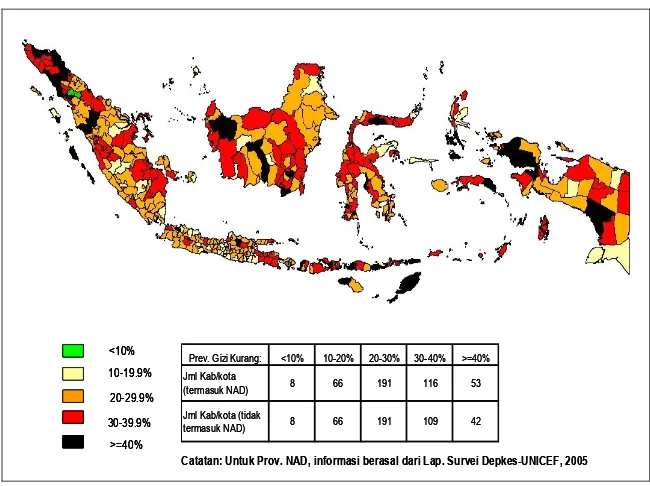 Gambar 9Prevalensi Gizi Kurang (BB/U) anak balita menurut Kabupaten/Kota, 2005