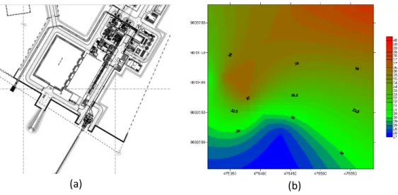 Gambar 4. Plane PLTU Sumbawa Barat 2x7 MW (a) dan peta sebaran suhu air bahang PLTU  Sumbawa Barat 2x7 MW (b)