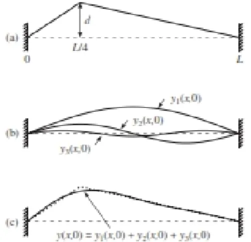 Gambar 6.6 (a) Tindakan memetik string diilustrasikan mana string tersebut dipindahkan jarak d pada  seperempat dari panjangnya