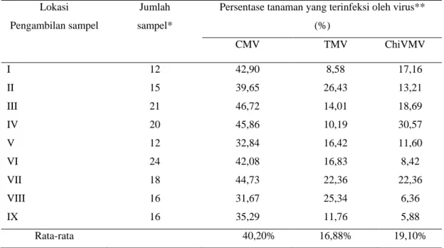 Tabel 2.  Keberadaan  Cucumber mosaic virus (CMV),  Chilli veinal mottle virus  (ChiVMV) dan Tobacco mosaic virus  (TMV) pada tanaman cabai rawit  yang  memperlihatkan gejala mosaik berdasarkan Uji ELISA 