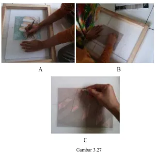 Gambar 3.27 Gambar A Pemindahan Sketsa pada Screen Menggunakan Pensil, Gambar B dan C 