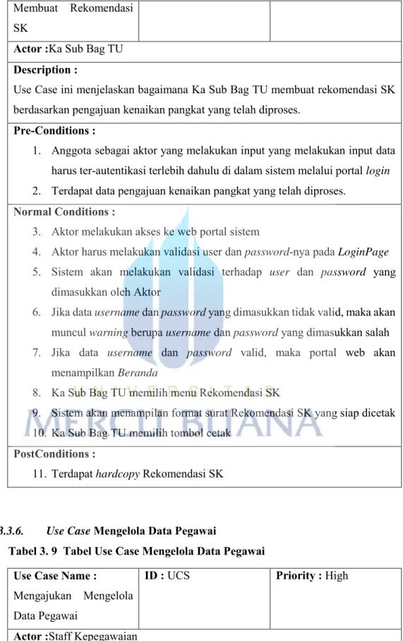 Tabel 3. 9  Tabel Use Case Mengelola Data Pegawai  Use Case Name : 