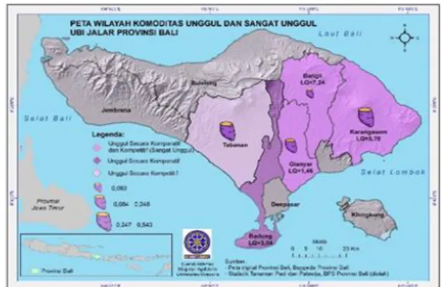 Gambar  4.  Peta  Wilayah  Komoditas  Unggul  (Secara  Komparatif  Atau  Kompetitif)  dan  Sangat  Unggul  (Secara  Komparatif  dan  Kompetitif) Ubi Kayu Provinsi Bali