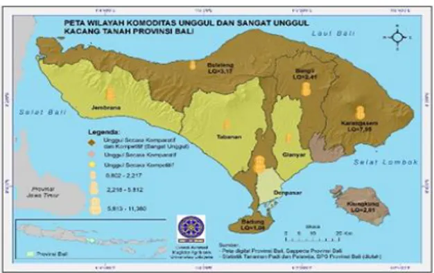 Gambar 6. Peta Wilayah Komoditas Unggul (Secara Komparatif  Atau  Kompetitif)  dan  Sangat Unggul  (Secara Komparatif  dan  Kompetitif)  Kacang  Tanah  Provinsi Bali