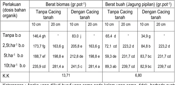 Tabel  2. Pengaruh inokulan cacing tanah  dan  bahan organik  terhadap  biomas dan hasil  Perlakuan  