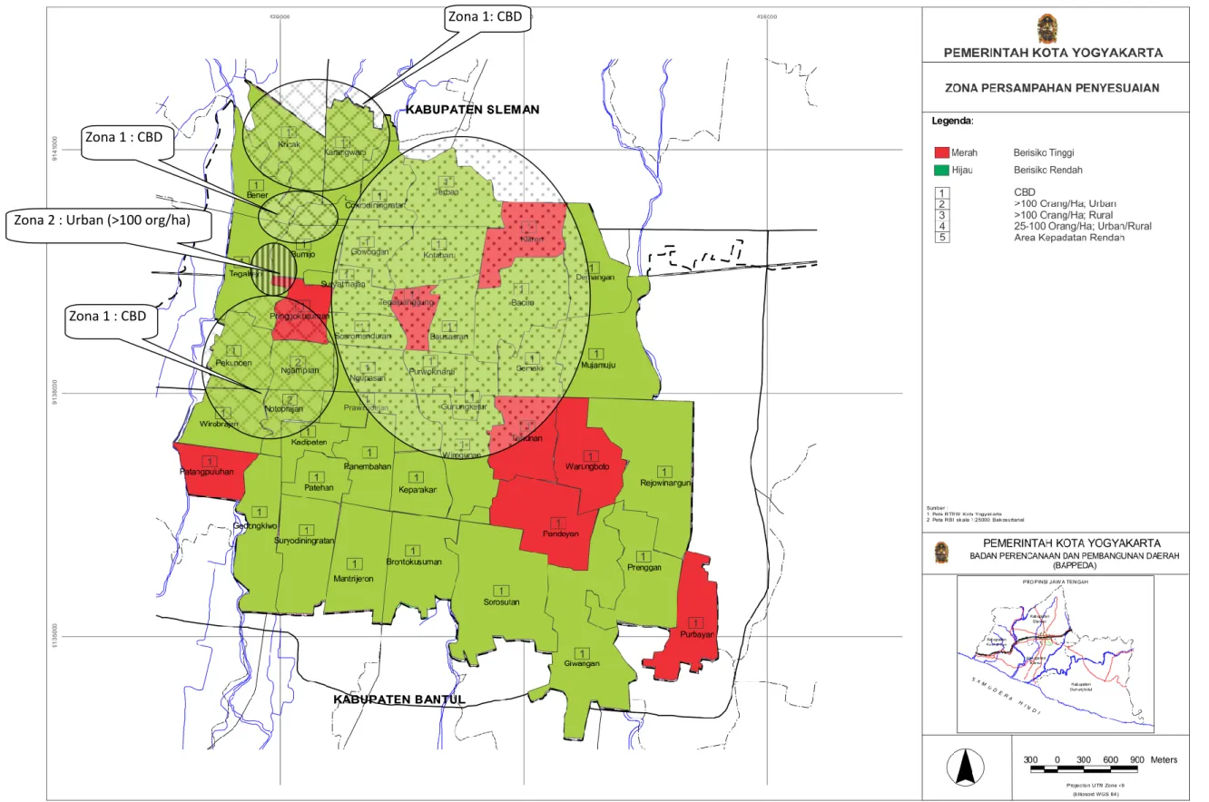 Gambar 3. 4. Peta Zona Penyesuaian Sistem Persampahan Kota Yogyakarta Zona 2 : Urban (&gt;100 org/ha) 