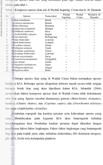 Tabel 1 Komposisi spesies ikan asli di Waduk Saguling, Cirata dan Ir. H. Djuanda 