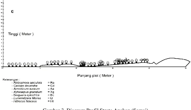 Diagram profil vegetasi mangrove Rempang Cate pada strata seedling menunjukkan  tegakan  anakan  Rhizophora  apiculata  mendominasi  hampir  pada  seluruh  area  penelitian,  selain  itu  vegetasi  juga  ditumbuhi  anakan  Bruguiera  cylindrica,  Ceriops  