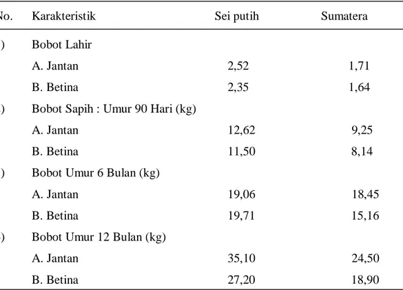 Tabel 1. Penampilan bobot lahir, sapih (6 bulan dan 12 bulan) Domba Sungei     Putih dan Lokal Sumatera (kg)