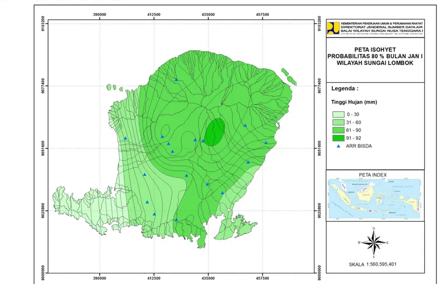 Gambar 4.15 Peta Isohyet Probabilitas 80% Bulan Januari I WS Lombok 