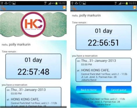 Gambar 4.10 Screenshot Halaman Restaurant Timer  Halaman  restaurant  timer  berisikan  informasi  estimasi  waktu dan reservasi yang dilakukan oleh pengguna