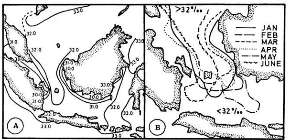Gambar 6.    Penyebaran isohalin di bahagian barat Laut Jawa.    a. Rata-rata untuk  bulan Mei dari data yang dapat dikumpulkan antara tahun  1906 - 1951  menurut  VE EN    (1953)