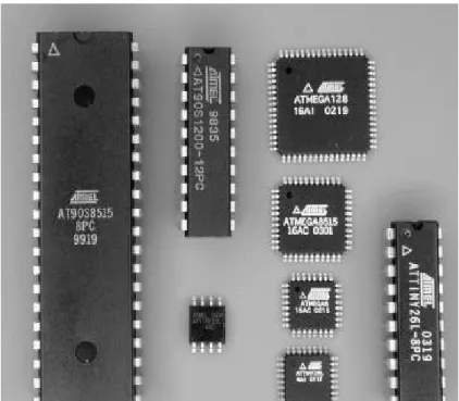 Gambar 1.2: contoh beberapa bentuk mikrokontroller ATMEL Kegiatan desain otomasi merupakan kegiatan memetakan sinyal input  menjadi   sinyal   output   berdasarkan   suatu   fungsi   kontrol   agar   bisa  dimanfaatkan   sesuai   kebutuhan