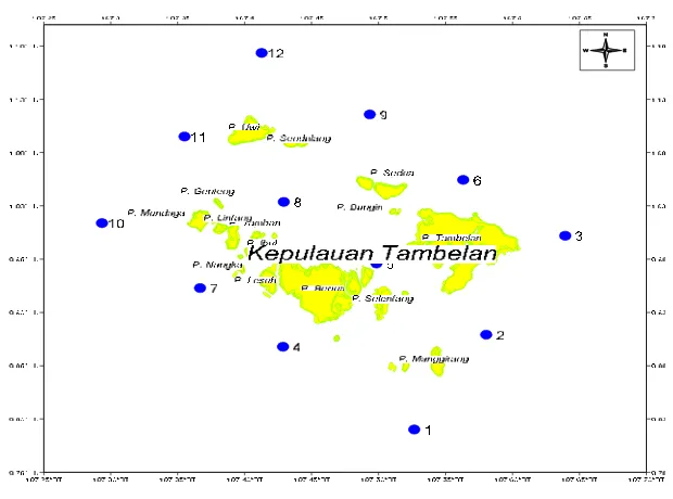 Gambar 1. Lokasi pengambilan data kecepatan dan arah arus dan karakter massa air di Perairan Tambelan, Kepulauan Riau, 2010