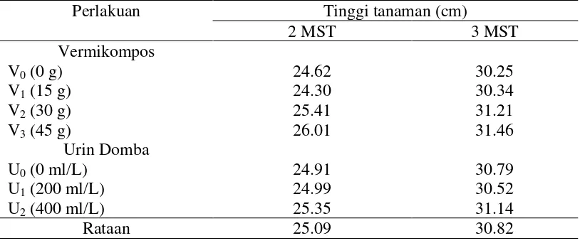 Tabel 1. Rataan tinggi tanaman (cm) bawang merah pada umur 2 – 3 MST dengan pemberian vermikompos dan urin domba 