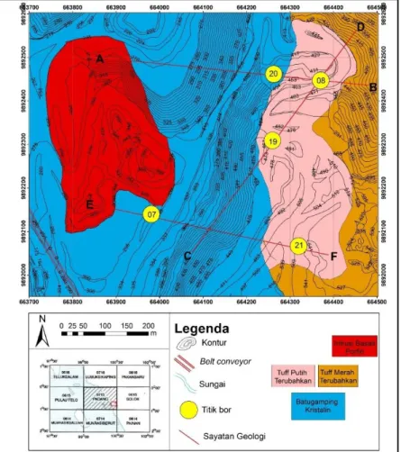 Gambar  3.  Peta  geologi  daerah  penelitian,  dengan  persebaran  titik  bor  dan  lokasi  pengambilan  sampel  geokimia 