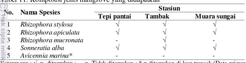 Tabel 11. Komposisi jenis mangrove yang didapatkan 