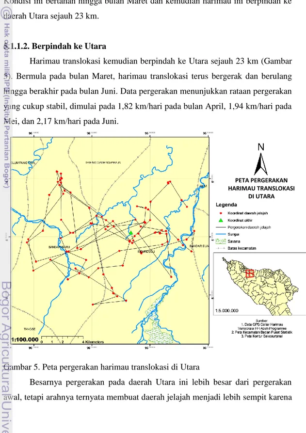 Gambar 5. Peta pergerakan harimau translokasi di Utara 