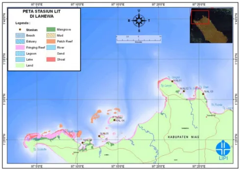 Gambar 1.   Peta lokasi monitoring kesehatan terumbu karang di perairan  Lahewa Tuhaemberua (Sawo), Kabupaten Nias