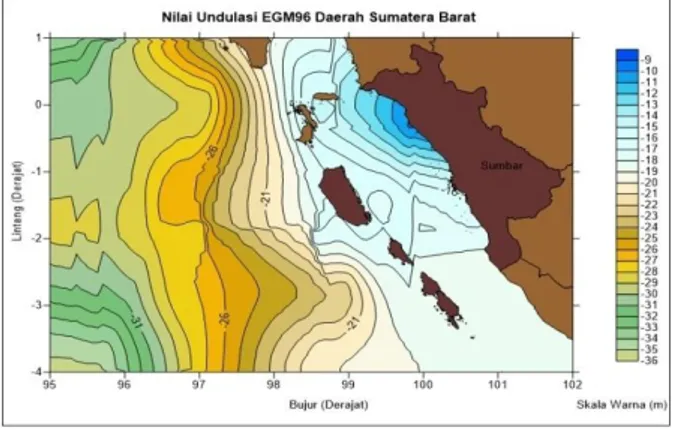 Gambar 9.  Visualisasi  Nilai  Undulasi  Geoid  EGM96 