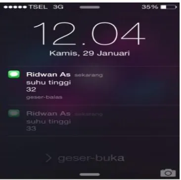 Gambar 10 Screen Capture sms data suhu di smartphone 