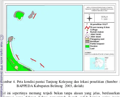 Gambar 4. Peta kondisi pantai Tanjung Kelayang dan lokasi penelitian (Sumber : 