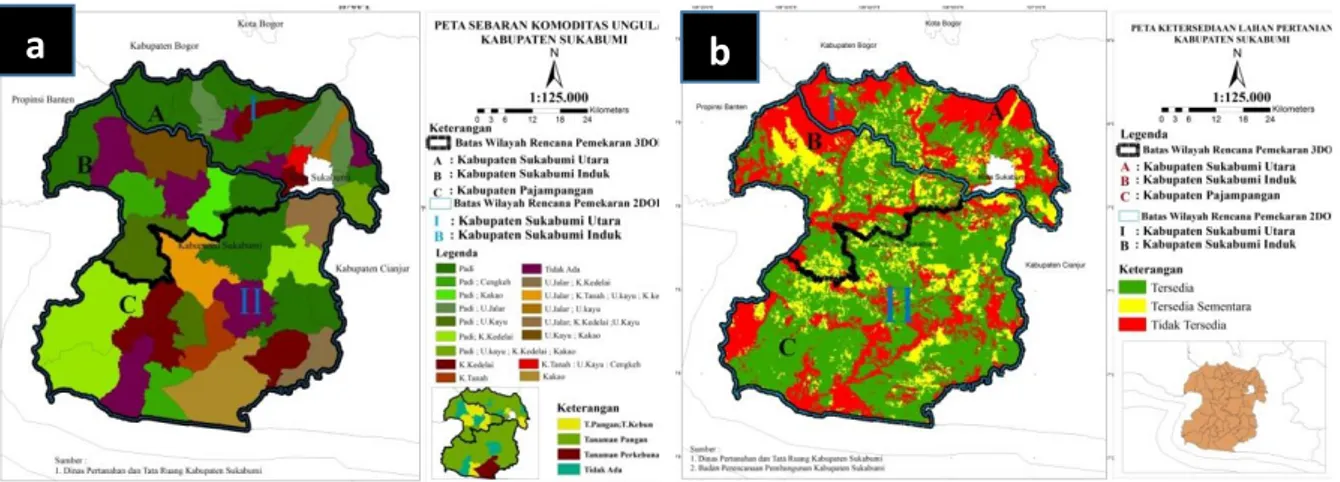 Gambar 3. a).  Peta Sebaran Komoditas Unggulan, b).  Peta Ketersediaan Lahan Kabupaten  Sukabumi   