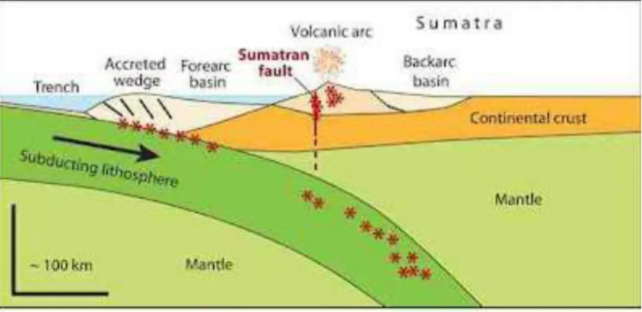 Gambar 7. Penampang melintang zona subduksi di sebelah barat Sumatra  (http://sciencythoughts.blogspot.com/2012/10/eruption-on-mount-marapi-sumatra.html, 