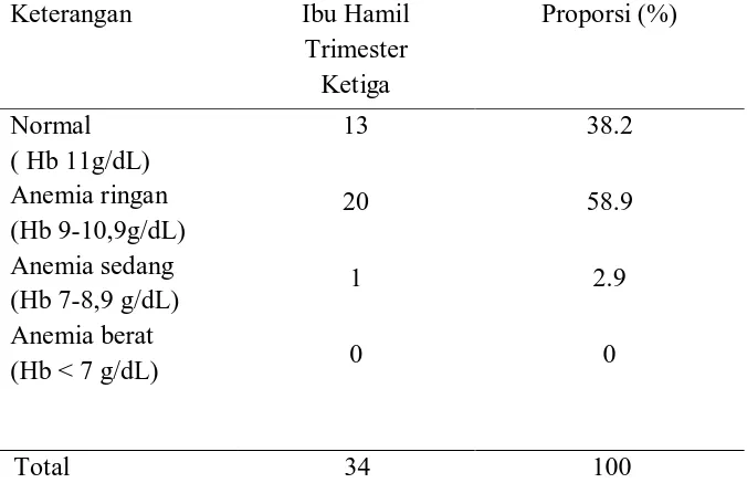 Tabel 5.2 Distribusi Proporsi Ibu Hamil Trimester Ketiga Berdasarkan Kadar Hemoglobin di RSUP