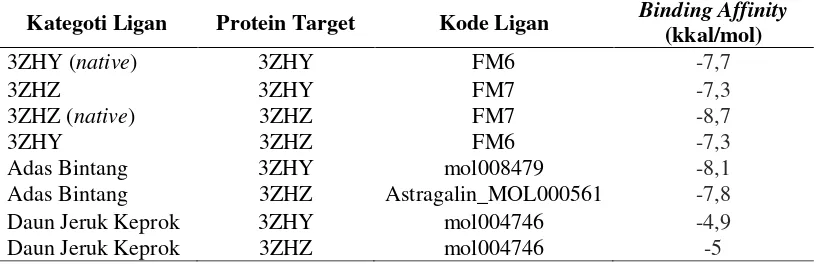 Tabel 1. Gird score/binding affinity terbaik dari masing-masing kategori ligan 